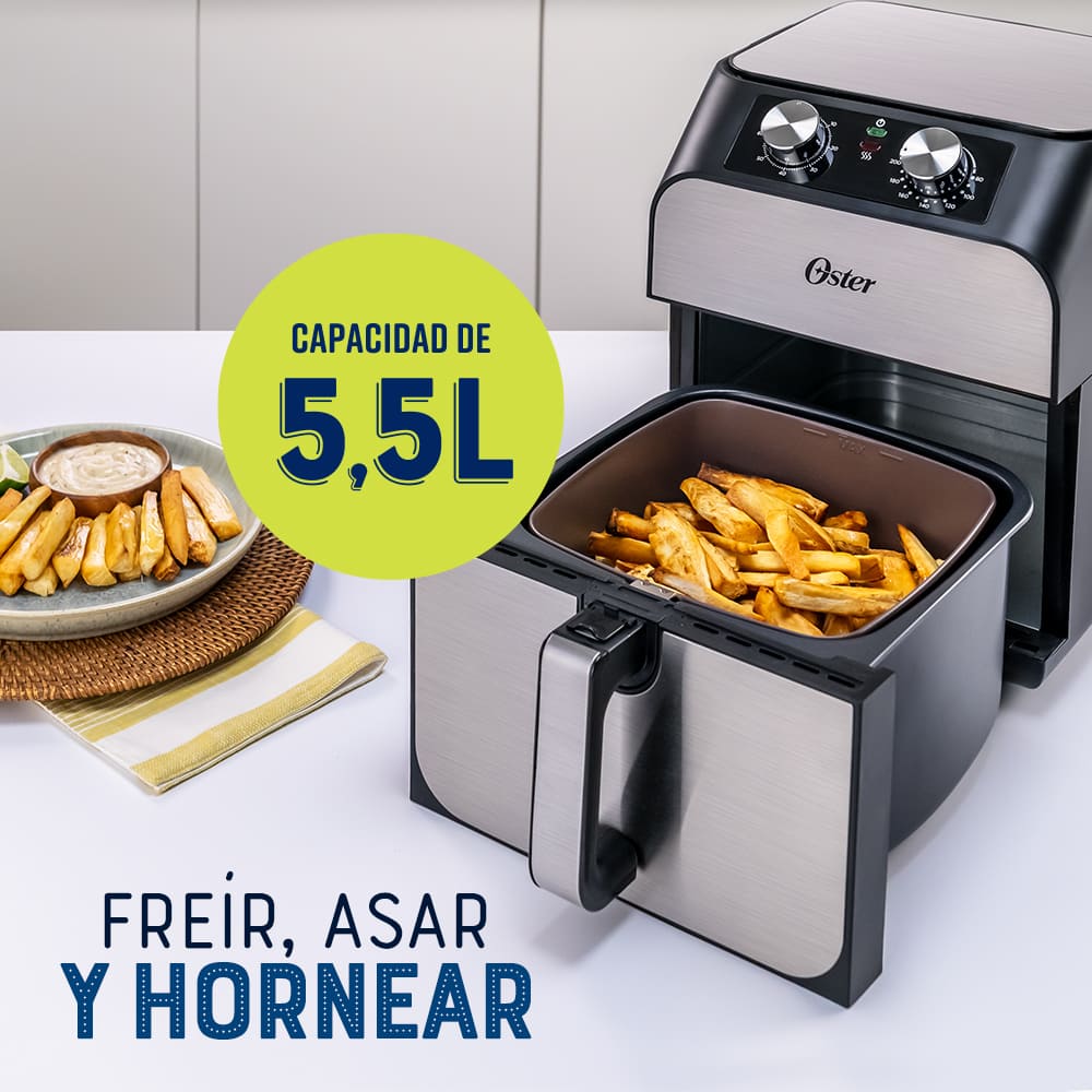 Oster - 👩‍🍳: La Freidora de Aire Oster® cuenta con un recubrimiento  natural Bioceramic™ que ayuda a cocinar hasta 30% más rápido, es fácil de  limpiar y dura hasta 8x más que