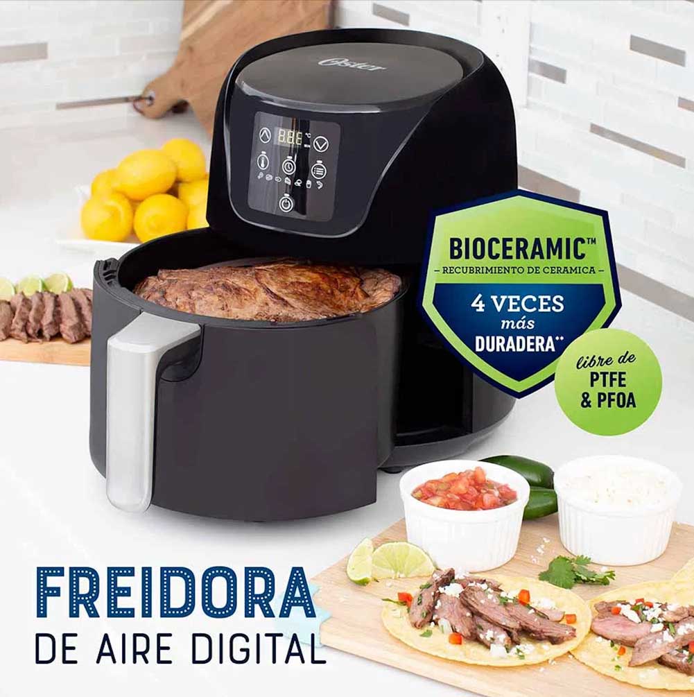 Oster - 👩‍🍳: La Freidora de Aire Oster® cuenta con un recubrimiento  natural Bioceramic™ que ayuda a cocinar hasta 30% más rápido, es fácil de  limpiar y dura hasta 8x más que